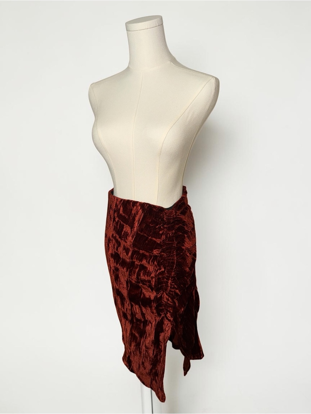 ZARA Crushed Velvet Asymmetrical Midi Skirt - Deep Wine